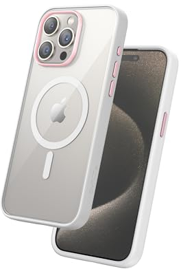 FLOLAB Surtect Tri-Fusion Magnetische Schutzhülle für iPhone 15 Pro Max, schlankes Design, Magsafe-kompatibel, militärischer Rahmen, transparent, rosa Champagner