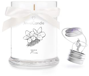 JuwelKerze Fleur de Monoi + Kette Silber - Schmuckkerze 40 Std - Duftkerze im Glas mit exotischem Duft - Kerze mit Schmuck - Geschenke für Frauen, Geburtstag