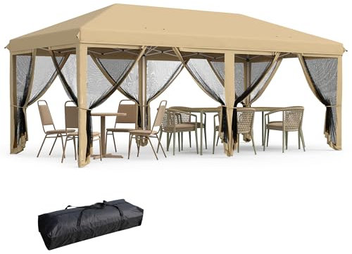 Outsunny 3 x 6m Pop Up Gazebo, Outdoor Canopy Shelter, Marquee Party Wedding Tent with 6 Mesh Walls and Carry Bag, Beige