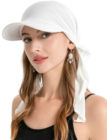 ZLYC Damen Sommer Chemo Kopfbedeckung mit Krempenvisier Vorgebundene Leichte Beanie(Einfarbig Weiß),Einheitsgröße