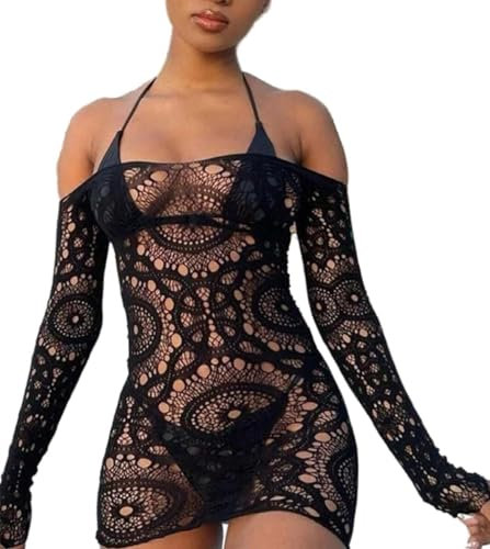 Bommi Fairy Flat Shoulder Long Sleeve Hollow Out Stretchy Dress See Through Wrap Dress Lace Cut-Out Mini Dress (Black)