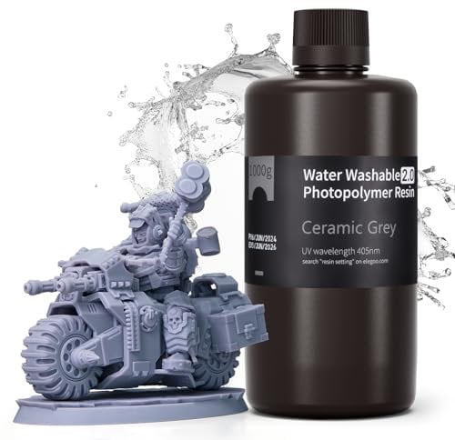 ELEGOO Resin Wasser Abwaschbar 2.0 1000g Grau, Geringe Schrumpfung und Hohe Haltbarkeit 395-405 nm Schnelles Aushärten 3D Drucker Water Washable Resin für MSLA/LCD/DLP Resin 3D Drucker
