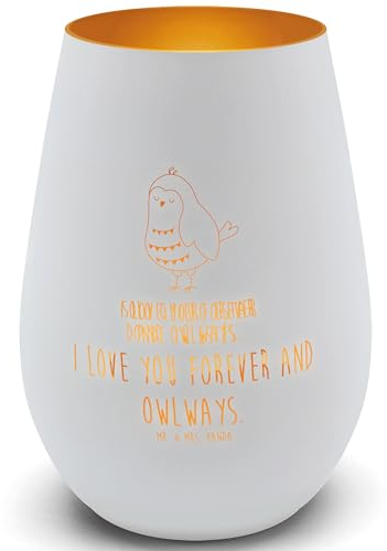 Mr. & Mrs. Panda Gold Windlicht Eule Zufrieden - Geschenk, müde, Windlicht Gravur, Spruch schön, Romantisch, Windlicht aus Glas, Graviertes
