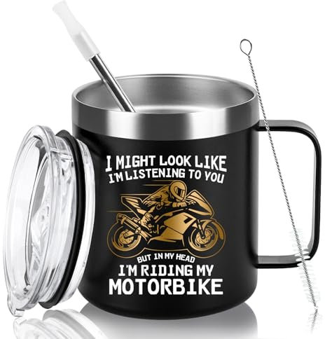 Livole in My Head I’m Riding My Motorbike, Funny Gifts for Men, Dad, Him, Colleagues, Motorcycle Motorbike Gifts for Men, Christmas Fathers Day Presents, 12oz 350ml Insulated Travel Mug with Handle