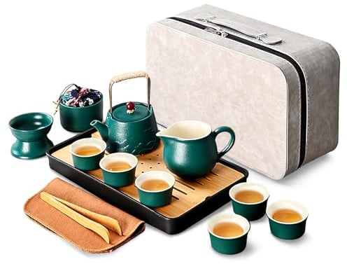 fanquare Green Japanese Travel Tea Set, Porcelain Kung Fu Teapot with Tray Portable Bag, China Tea Service for Men Women Gifts