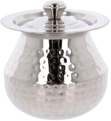 Stainless Steel Handi with Lid Pongal Gundu Hammered Food Drink Serving Pot Multipurpose Dish for Biryani Rice Yoghurt Water Lassi Butter Milk Storage Tableware Home Kitchen (No.1-850ml)