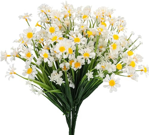 4PCS Artificial Daisy Flowers Outdoor Spring Summer Decoration UV Resistant Fake Flowers Faux Plastic Greenery Shrub Plant Indoor Outside Hanging Garden Home Porch Wedding Party Decor (White)
