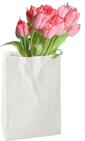 Lyricalist Vase aus Keramik mit Tasche aus Knitterpapier | Buch Blumenvase – Blumenvase aus Keramik, weiß, Vase in Taschenform aus Knitterpapier, dekorative Blumenvase für Hochzeit