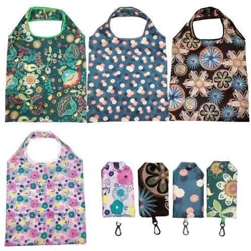 volumoon 4 Stück Mehrweg-Einkaufstasche, Einkaufsbeutel, Faltbare Einkaufstaschen, Leicht Tasche, Wiederverwendbare Tasche, Große einkaufstasche, Tote Bag, Einkaufstasche für Lebensmittel