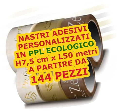 144 Pezzi Nastro Adesivo Personalizzato H 7,5 cm x L 50 metri in PPL Imballaggio Ecologico con Logo e Nome Personalizzabile - Nastri Adesivi Biodegradabili