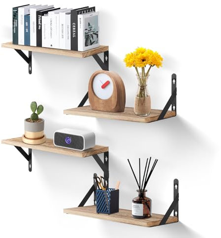 Uten Floating Shelves Set of 4 Wall Mounted Shelf, Light Brown Solid Wood Wall Shelves, Wooden Shelves Set with Spirit Level for Kitchen, Bedroom, Bathroom, Living Room, Office