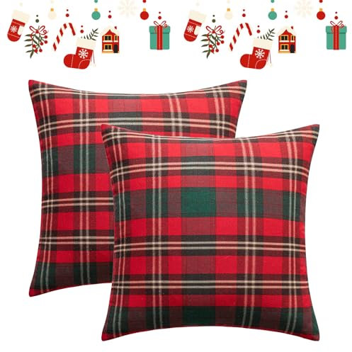 2er Set Kissenbezug Weihnachten, 45x45 cm Vintage Rot Karierter Weihnachtskissenbezug Weihnachtskissen, Kissenhülle Sofakissen Kissenbezüge Deko Weihnachten Dekokissen für Wohnzimmer (#8)