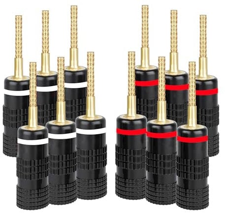 Unifizz Flex Pin Banana Plugs 24K Gold Plated Pin Plug Type Speaker Connector for Speaker Wire, Home Theater, Wall Plate, Audio/Video Receiver and Sound Systems(6 Pairs/12 Pcs)