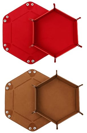 2 Stück Faltbare Würfelbretter Doppelseitig Würfelbrett, Samt Faltbar Würfeltablett Hexagon Würfelteller Leder Würfelbretter für RPG DND Dragons Würfel Spiele (Rot - Braun)