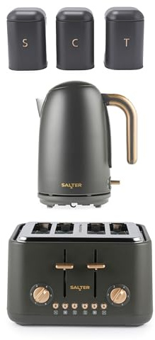 Salter Pebble Kettle, Toaster & Countertop Set - 1.7L Fast Boil Electric Water Kettle, 4-Slice Toaster with 6 Browning Levels, Tea, Coffee, Sugar Canisters, Powder Coated Carbon Steel, Charcoal