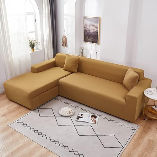 Elastischer einfarbiger Sofabezug für Wohnzimmer, Eckcouch, Schonbezug mit Chaiselongue, 4-Sitzer, Kamel, 235 x 300 cm, Weiß