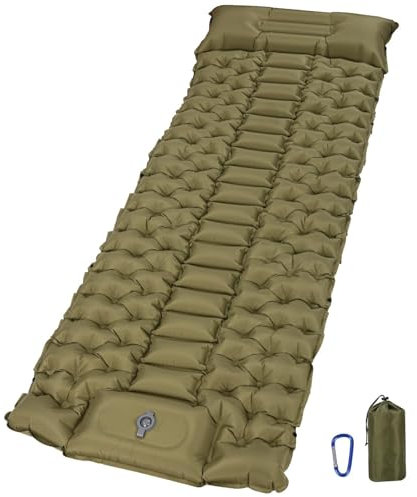 Tixexo Isomatte Selbstaufblasend, 10cm Dicke Luftmatratze Camping mit Fußpressepumpe und Kissen, Anti-Ripstop Schlafmatte Kleines Packmass für Wandern, Reise, Strand, Grün