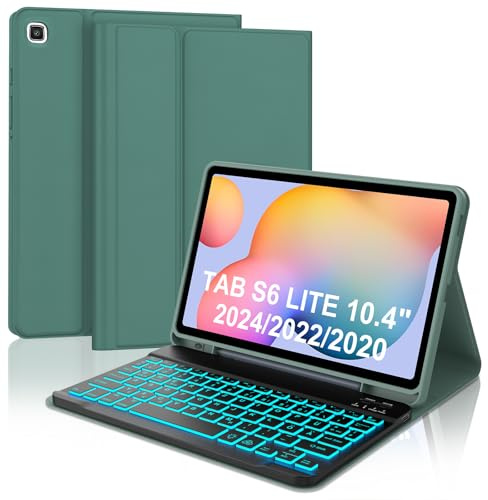 Tastatur Hülle für Samsung Galaxy Tab S6 Lite 10,4 Zoll 2024/2022/2020, 7 Farben Beleuchtung, Keyboard Magnetisch Abnehmbarer Deutscher Bluetooth für Samsung Galaxy Tab S6 Lite 10.4, Dunkelgrün