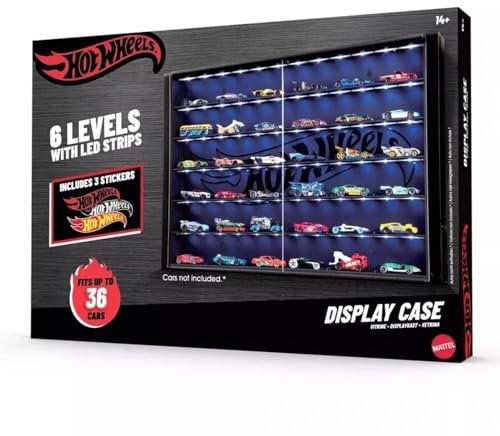 JOKOLO Large Display Case for 1/64 Scale Model Cars, Display Case 6 Level Car Storage with LED Lights Wood Display Cabinet for Hot Wheels,Mini Toys,Minifigures,Display Case,Black (63L x 7W x 43H cm)