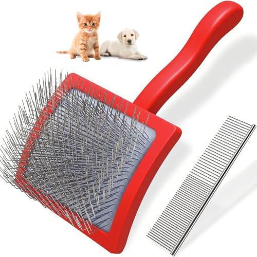 CHUANFU Katt- och hundborste, hårborttagande kattborste med flexibla taggar i rostfritt stål, ergonomiskt grepp hundkam, ta bort dött hår, för medelstora och stora husdjur (röd)