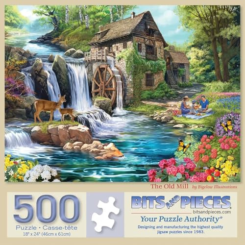 Bits and Pieces 500 Piece Puzzles for Adults - Large 15 x 19 Jigsaw Puzzles 500 Pieces Landscape River Waterfall, Random Die Cut, No 2 Pieces Alike, The Old Mill