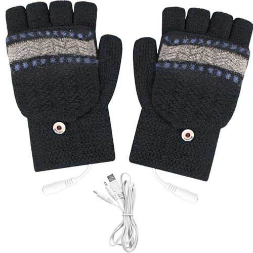 Fesatccoz USB Heated Gloves Mittens for Women Men, Heated Knitting Gloves, Half Fingerless Winter Hands Warm for Outdoor Activities