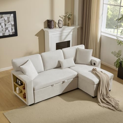 YAIXBNG Corner Sofa Bett Eckcouch Couch L-Form Schlafcouch Ausziehbar, Bettkasten und integriertem Regal, Beige
