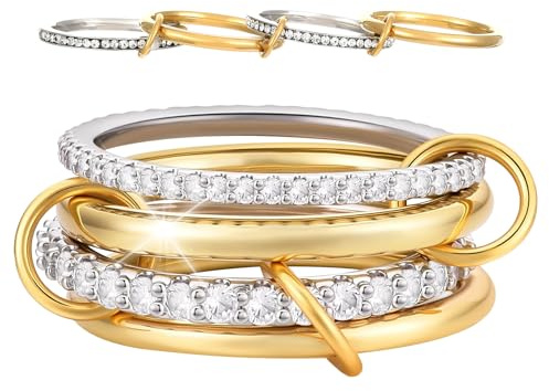 GmwyCzV Stapelbar Ringe für Damen, 18K Vergoldet Cubic Zirkonia Ringe, Gold und Silber 4 Ineinandergreifende Ring, Vergoldete Ringe, für Den Alltag Oder Besondere Anlässe(Größe 7)