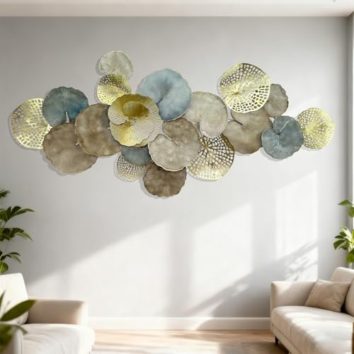 Blissio Große Wanddeko, Wandbilder Wohnzimmer, 3D Lotusblätter Design - Wanddekoration, für Sofawand,Schlafzimmer,Eingang Metall Wanddeko & Geschenke für zu Hause (130 x 64CM)