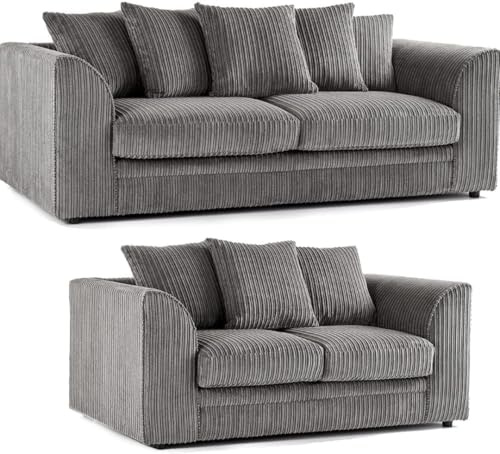 New Gamzo Fabric Corner Sofa Firm | Soft Jumbo Cord 3-4-5 Seater Corner Sofa Left/Right Hand Facing) (Charcoal Grey, 3 + 2 Sofa Set)