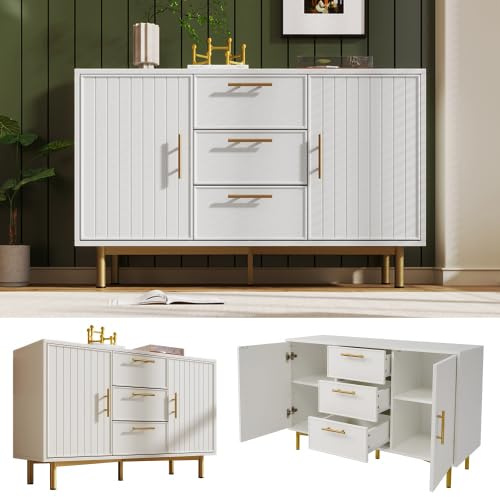 Merax Sideboard Kommode mit verstellbarem Regal, Goldene Griffe, Moderner Stil mit Metallfuß, 3 Schubladen, Weißer Komodenschrank für Wohnzimmer & Küche