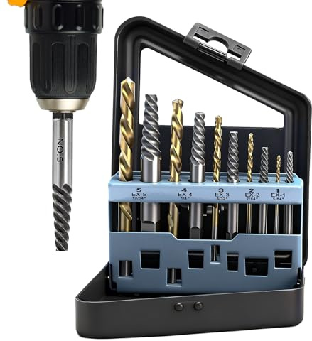 PWGHWG 10 Stück Schraubenausdreher Set, Linksausdreher Set Profi Schraubenentferner Ausdrehwerkzeug mit 5 Linksdreher Ausdreher + 5 Bohrern für M3-M18 Beschädigte Schrauben