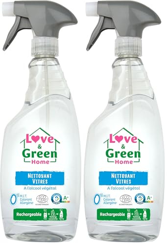 Love & Green Home Spray Nettoyant vitres écologique rechargeable à l'alcool végétal. Certifié Ecodétergent par Ecocert - 750ml (Lot de 2)
