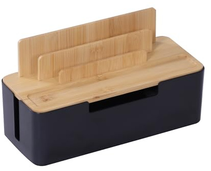Relaxdays Kabelbox, für 2 Steckdosenleisten, Kunststoff, Bambus, HBT: 16x30x13 cm, Tablet- & Handyhalter, Natur/schwarz