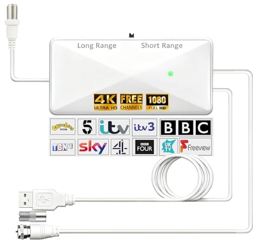 Tv Signal Booster Aerial Amplifier, High Gain Indoor TV Aerial Booster, USB Power Adjustable Reception Range Tvs Antenna Booster Amplifier (White1, Small)