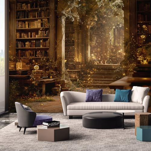 Library Wallpaper, Vintage Antique Fantasy 3D Mural Wallpaper, Library Room Decor Wall Art for Living Room Bedroom Kitchen 130L x 80W cm