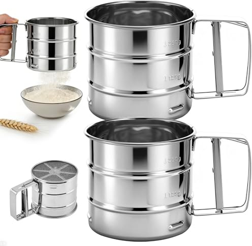 Rudfovn 2Pcs Flour Sifter, Stainless Steel Mesh Flour Sieve Cup for Baking Sugar Cakes Cookies Kitchen Strainer