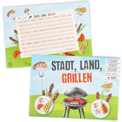 MIJOMA Themenblock Stadt Land ... – Kreativer Mitmachblock mit 18 Fragen, 20 Blatt, 30x21cm für Reisen, Feiern & Alltag (Stadt Land Grillen)