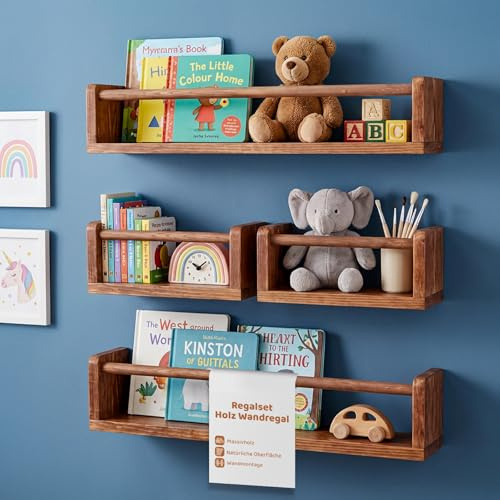 PEGSEN Wandregal Holz 4er Set – Kinderzimmer Regal aus Massivholz – Bücherregal Wand für Kinder, Spielzeug & Deko – Schweberegal Babyzimmer – Regalset (Braun)