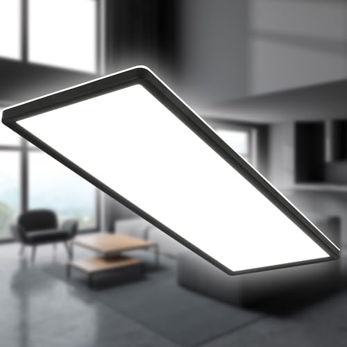 B.K.Licht - LED Deckenlampe mit indirektem Licht, Flach, Neutralweißes Licht, IP44, Panel, LED Lampe, Deckenleuchte, Badezimmer Lampe, Wohnzimmerlampe, Küchenlampe, 58x20x3 cm, Schwarz