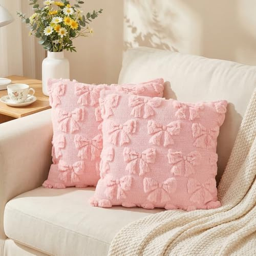 2 PCS Schleife Kissenbezug 45 x 45cm Kissenbezug Rosa Deko Kissen Aesthetic Frühling Kissen Schleife Plüsch Dekokissen Rosa Kissenbezüge Schleifen Zierkissenbezüge für Sofa Bett Wohnzimmer Zimmer Deko