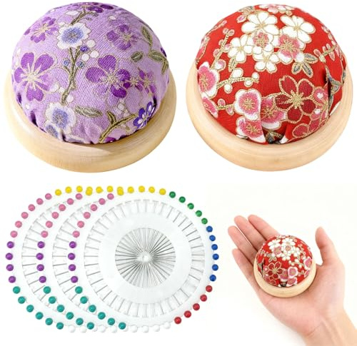 SzSFQ 2 Stück Runde Näh Nadelkissen, Japanisch Stecknadelkissen | mit 120 Stecknadeln, Holzuntergrund, Pin Cushion für Nähen Stickerei DIY Handwerk