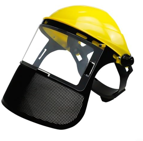 Casco protettivo da giardino con visiera a rete integrale regolabile, per motoseghe e decespugliatori, protezione per viso, occhi e orecchie, arancione (maglia gialla)