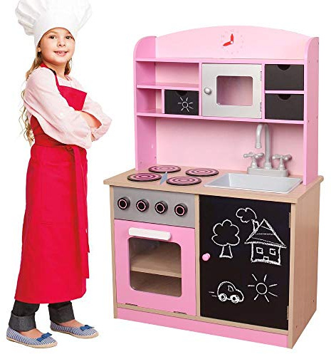 BAKAJI Cucina in Legno Giocattolo Rosa per Bambini con Anta, Cassetti, Lavagna e Lavello in Plastica, 4 Fornelli, Forno Apribile e Microonde, Chiusure Magnetiche e Accessori 60 x 30 x 90 cm