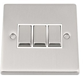 Light Switch Triple 3 Gang - Satin Matt Chrome Square - White Insert - Metal Rocker Switch - 10 Amp 3 Gang 2 Way