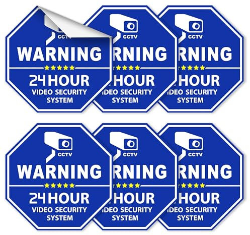Homework2 CCTV Video Surveillance Security Door & Window Stickers, Blue Octagon-Shaped, 3.3 X 3.3 Inch Vinyl Decals - Indoor & Outdoor Use, UV Protected & Waterproof - 6 Labels