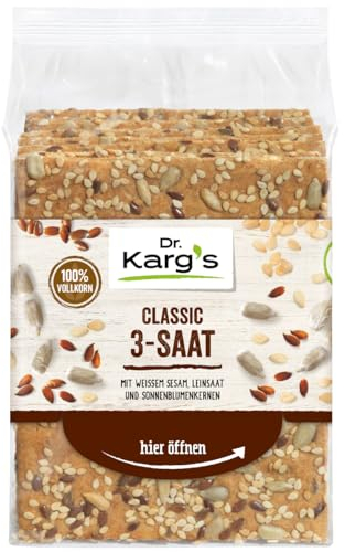 Dr. Karg’s Knäckebrot Classic 3-Saat - knusprig, vegan, mit Sonnenblumenkernen, Leinsaat & Sesam, reich an Ballaststoffen, 100% Vollkorn & ohne Zusatzstoffe, 10x200g
