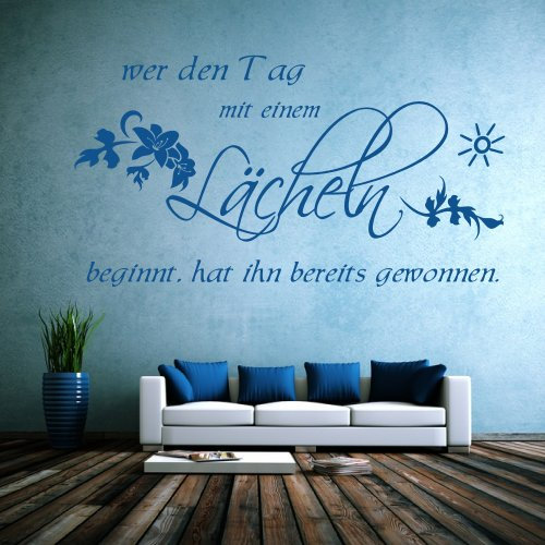XL Wandtattoo 68131-110x58 cm~ Zitat Wer den Tag mit einem Lächeln beginnt ~ Wandaufkleber Aufkleber für die Wand, Tapetensticker aus Markenfolie, 32 Farben wählbar