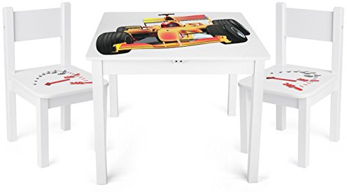 Leomark Weiß Kindertisch und 2 Stühle aus Holz - F1 Formel YETI - Tisch Kinderstuhl für Kinder, Kindersitzgruppe, Sitzgruppe mit UV Aufdruck, Mehrfarbig Tischgarnitur, Dim: 60x60x49 (H) cm