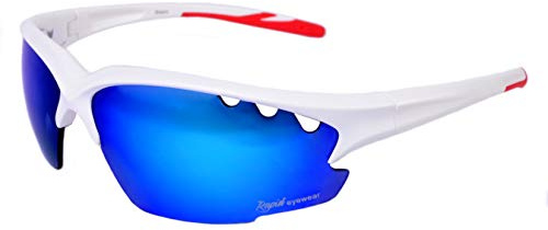 Rapid Eyewear ‘Breeze’ White Sports Sunglasses: Anti Fog Blue Mirrored Lens | Mens and womens. Ideal glasses for cricket, tennis, cycling, running etc. UV400 protection. Wrap around fame, uv400 lenses